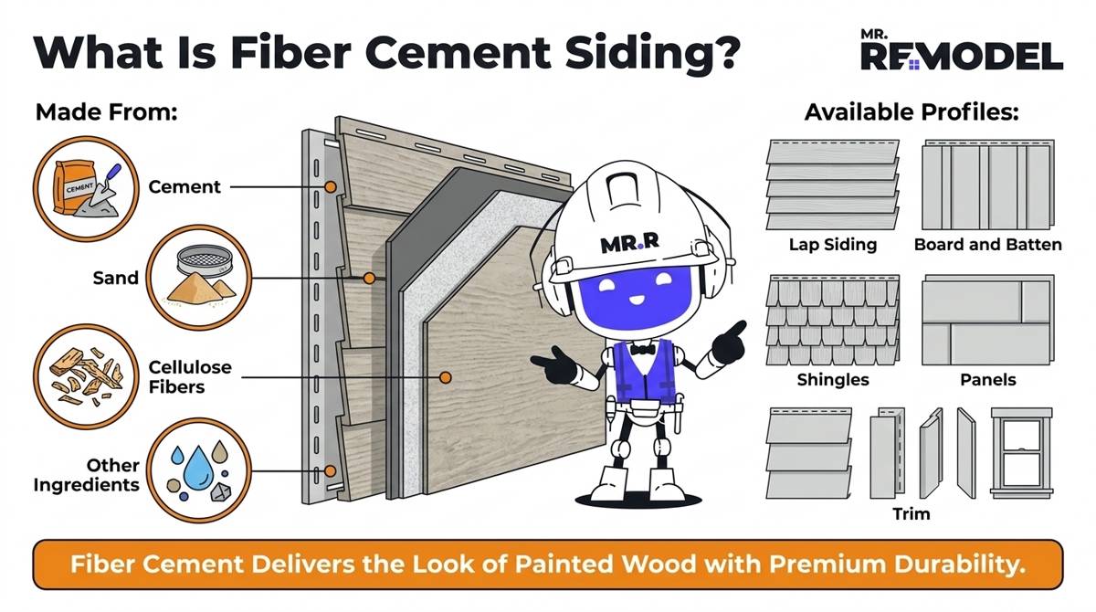 Overview infographic explaining what fiber cement siding is, how it is made, and the styles available.